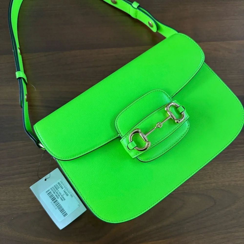 Gucci Horsebit 1955 Shoulder Bag Purse Neon Green Leather NWT Pristine Rare